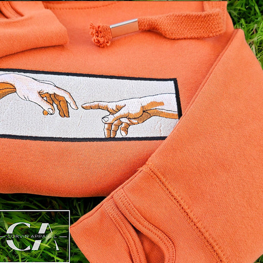 Cross Neck Embroidered Hoodie, The Creation Of Adam, Christian Art, Christian Clothing