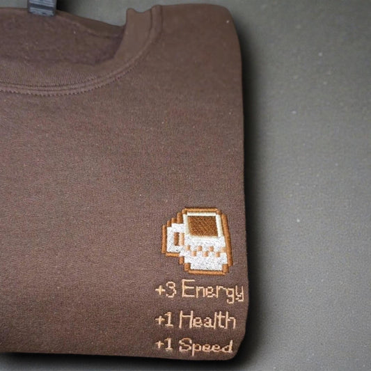 Coffee Embroidered Sweatshirt, Cozy Pixel Gamer Jumper, Gaming Sweatshirt