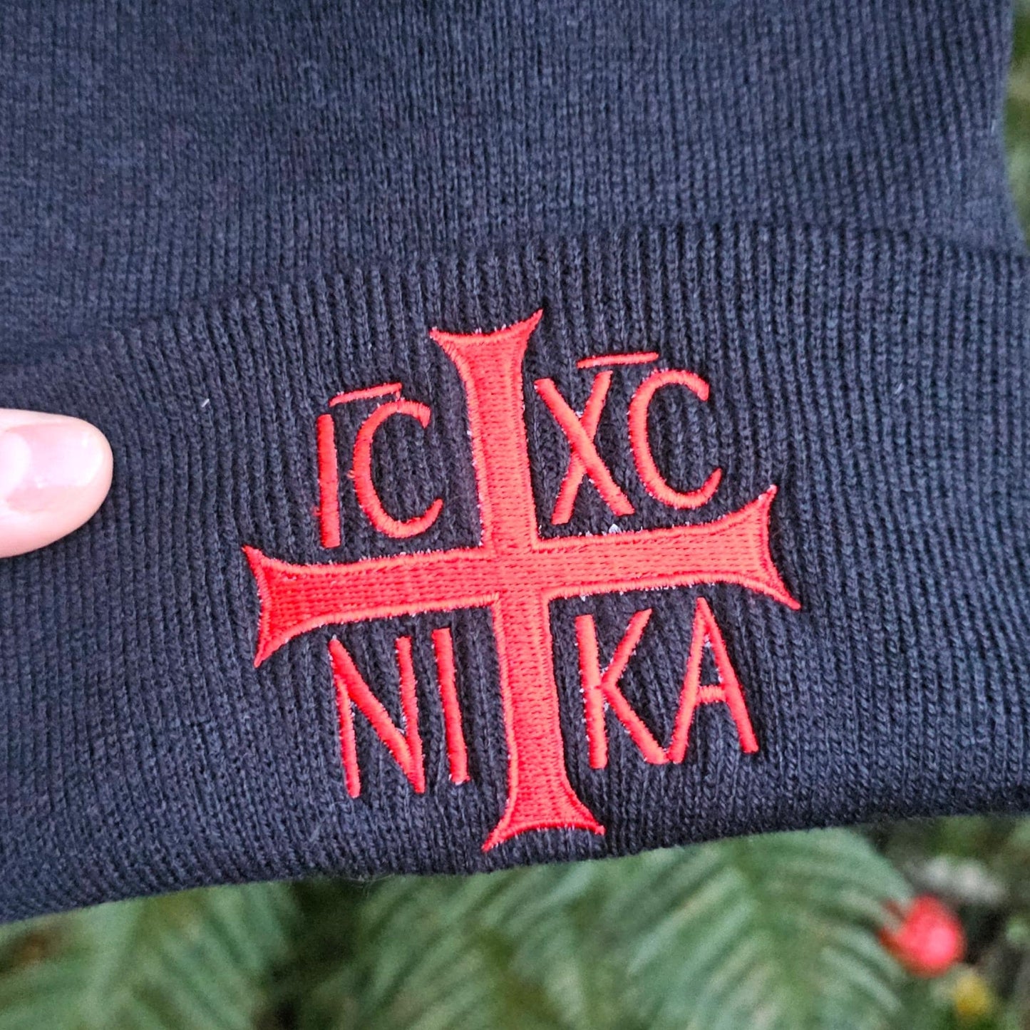 Embroidered Christogram Beanie: Orthodox Cross, Christian Gift