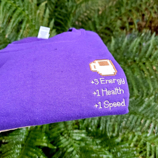 Coffee Embroidered Sweatshirt, Cozy Pixel Gamer Jumper, Stardew Valley Inspired Gift, Unisex Gaming Sweatshirt