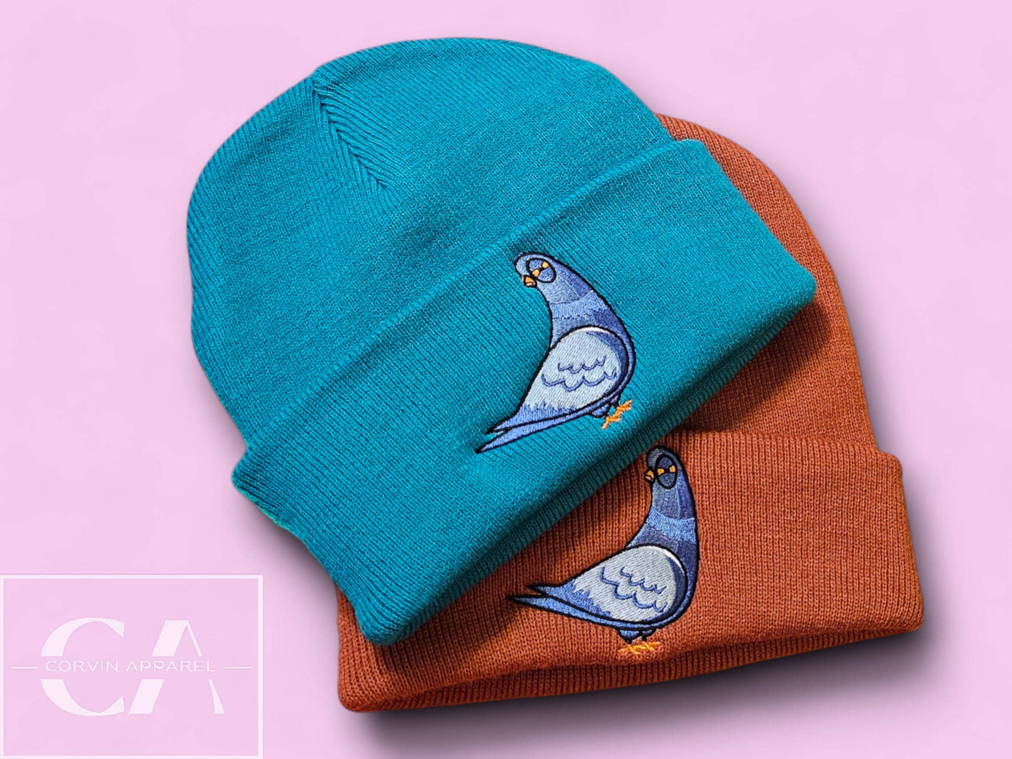 Embroidered Pigeon Beanie: Soft Acrylic Knit Hat