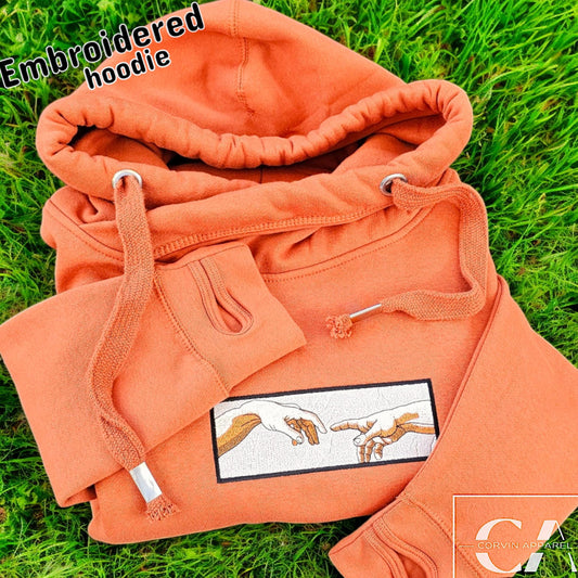 Cross Neck Embroidered Hoodie, The Creation Of Adam, Christian Art, Christian Clothing