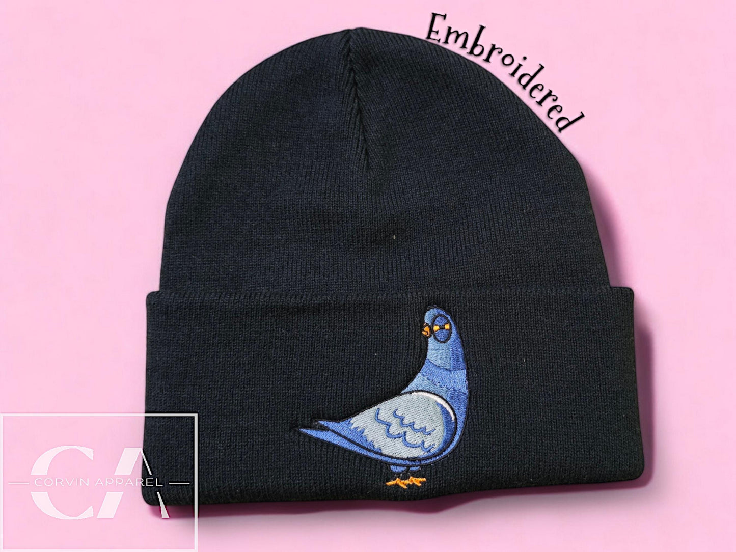 Embroidered Pigeon Beanie: Soft Acrylic Knit Hat