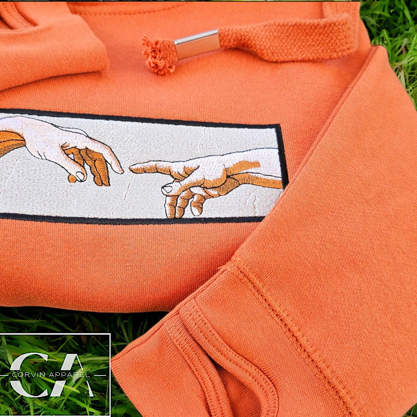 Cross Neck Embroidered Hoodie, The Creation Of Adam, Christian Art, Christian Clothing