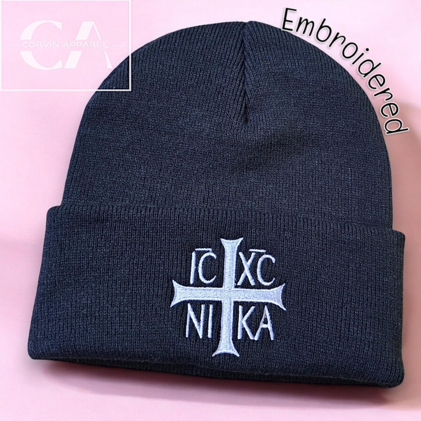 Embroidered Christogram Beanie: Orthodox Cross, Christian Gift