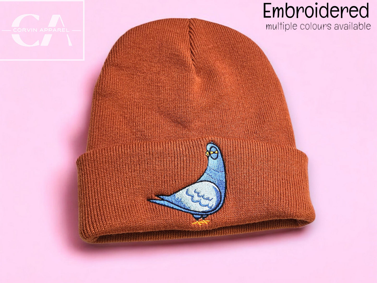 Embroidered Pigeon Beanie: Soft Acrylic Knit Hat