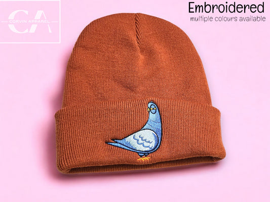 Embroidered Pigeon Beanie: Soft Acrylic Knit Hat