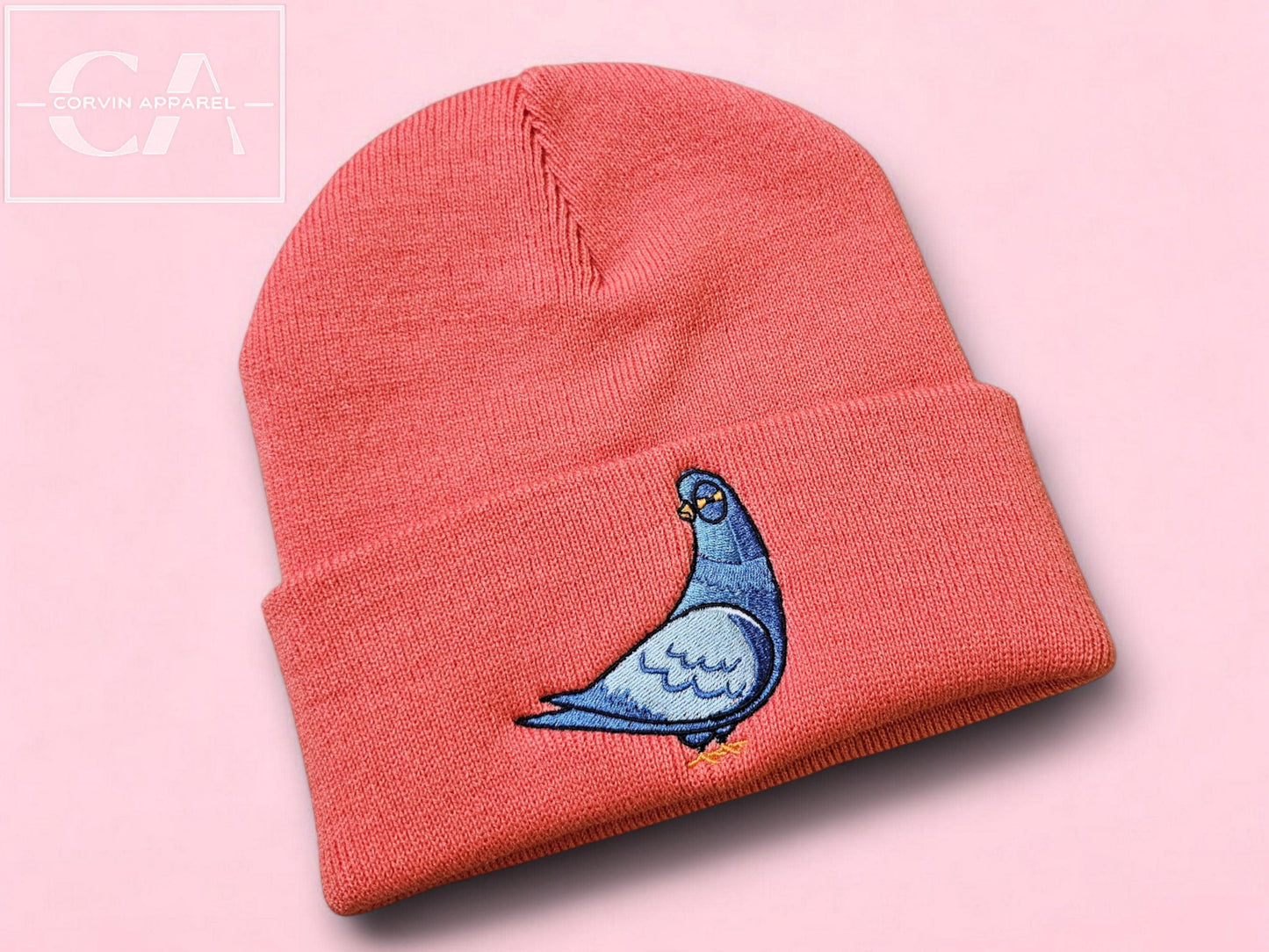 Embroidered Pigeon Beanie: Soft Acrylic Knit Hat