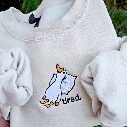 Tired Goose Embroidered Sweatshirt, Funny Goose Crewneck, Funny Goose Embroidery Sweatshirt, Silly Goose