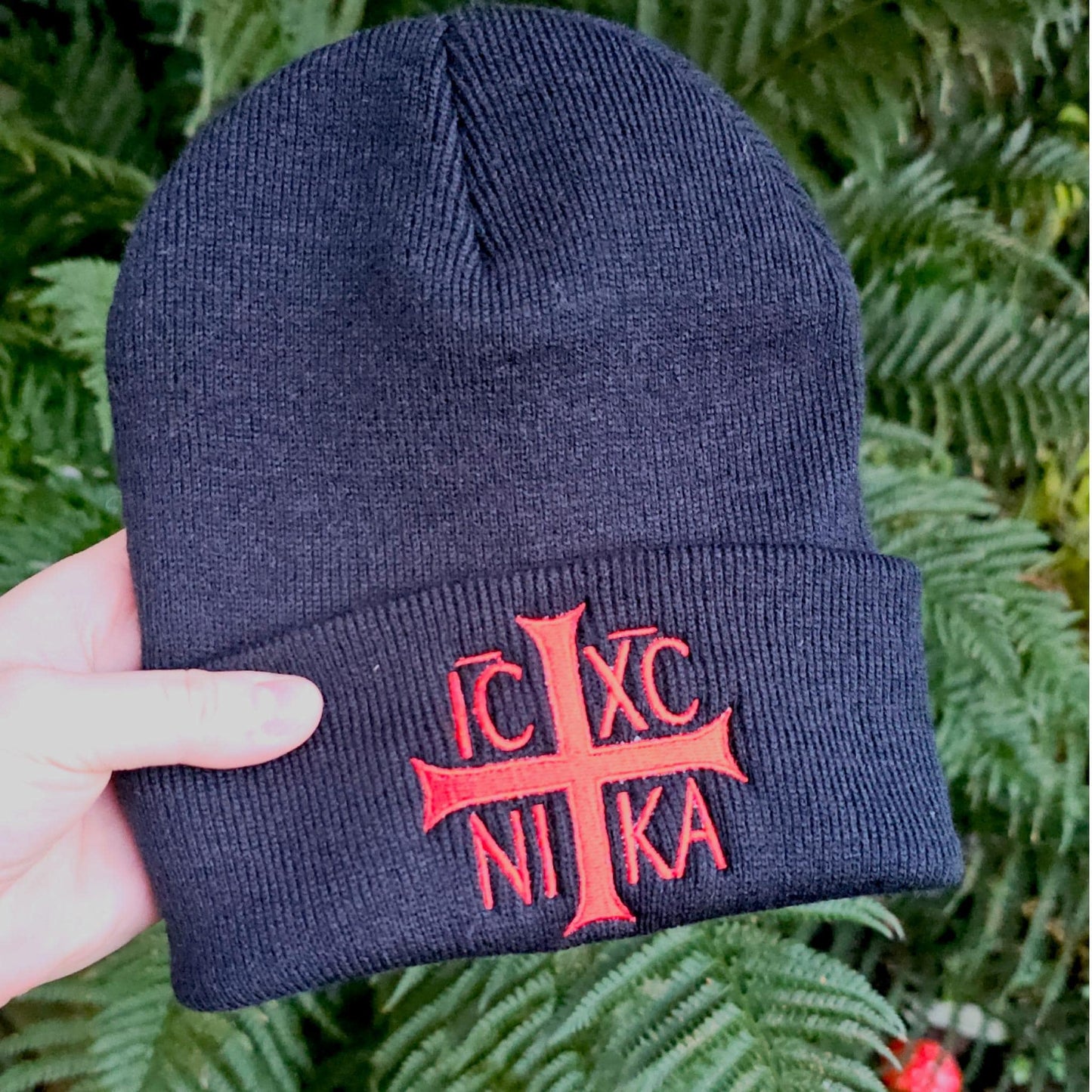 Embroidered Christogram Beanie: Orthodox Cross, Christian Gift