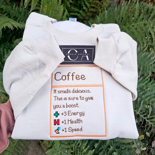 Coffee Stats Embroidered Sweatshirt – Stardew Valley Gift