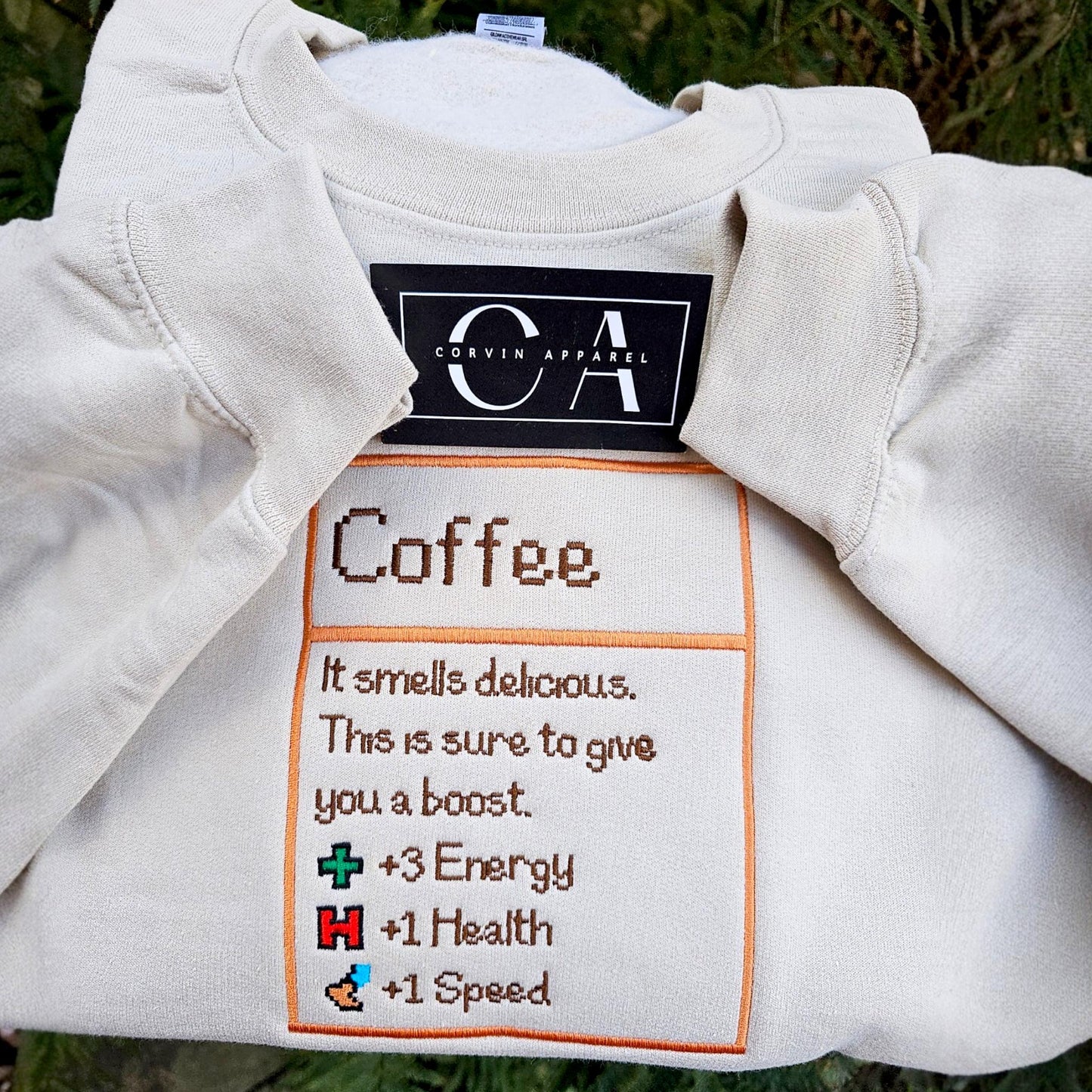 Coffee Stats Embroidered Sweatshirt – Stardew Valley Gift