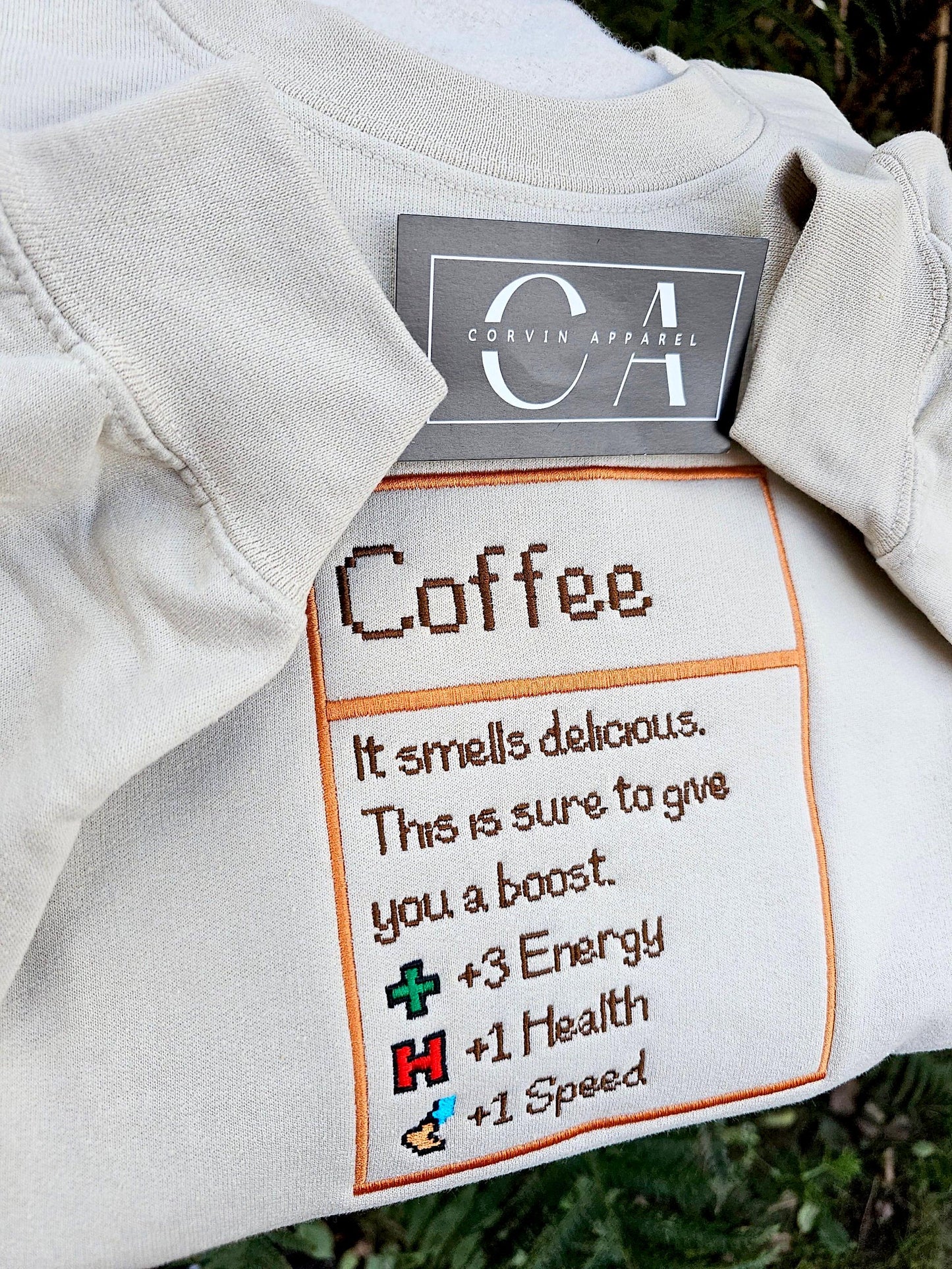 Coffee Stats Embroidered Sweatshirt – Stardew Valley Gift
