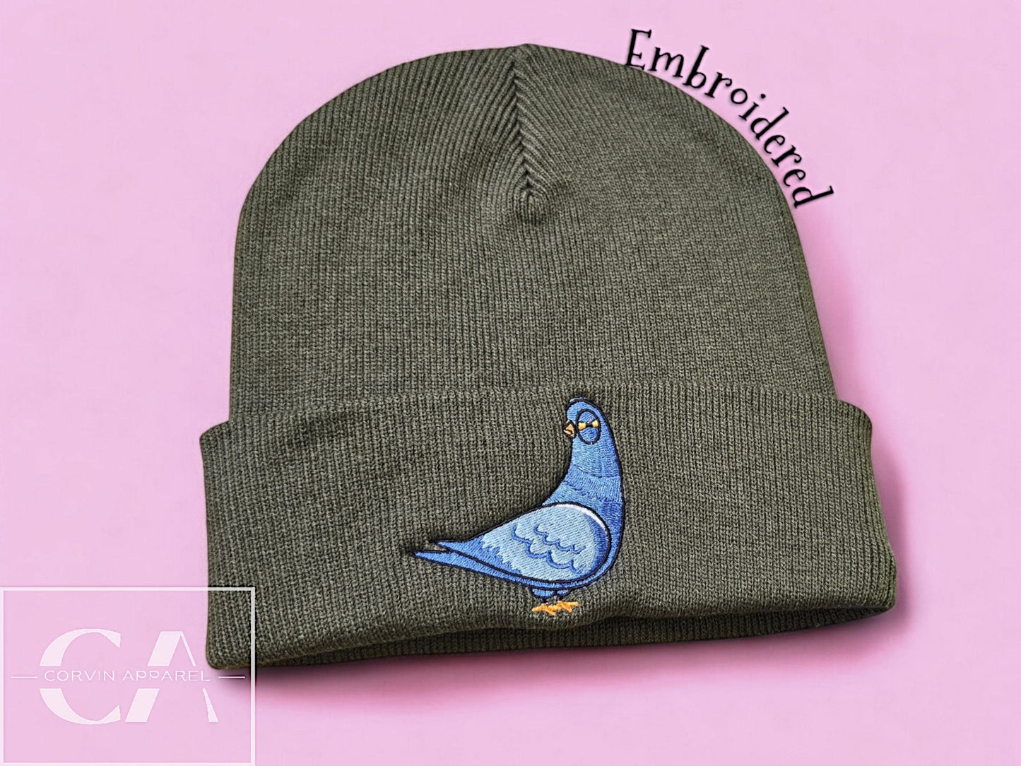 Embroidered Pigeon Beanie: Soft Acrylic Knit Hat