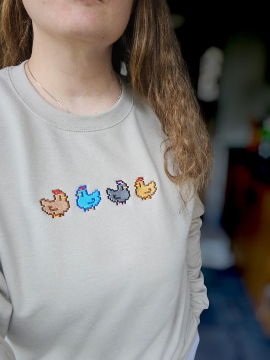 Embroidered Chickens Sweatshirt | Cozy Unisex Crewneck | Cute Farm Animal Design | Stardew Valley Sweatshirt