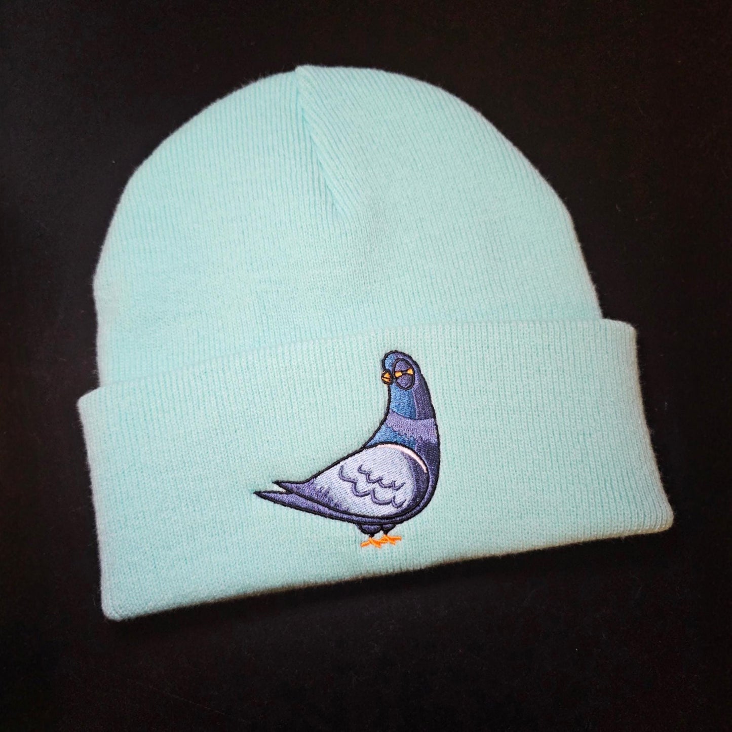 Embroidered Pigeon Beanie: Soft Acrylic Knit Hat