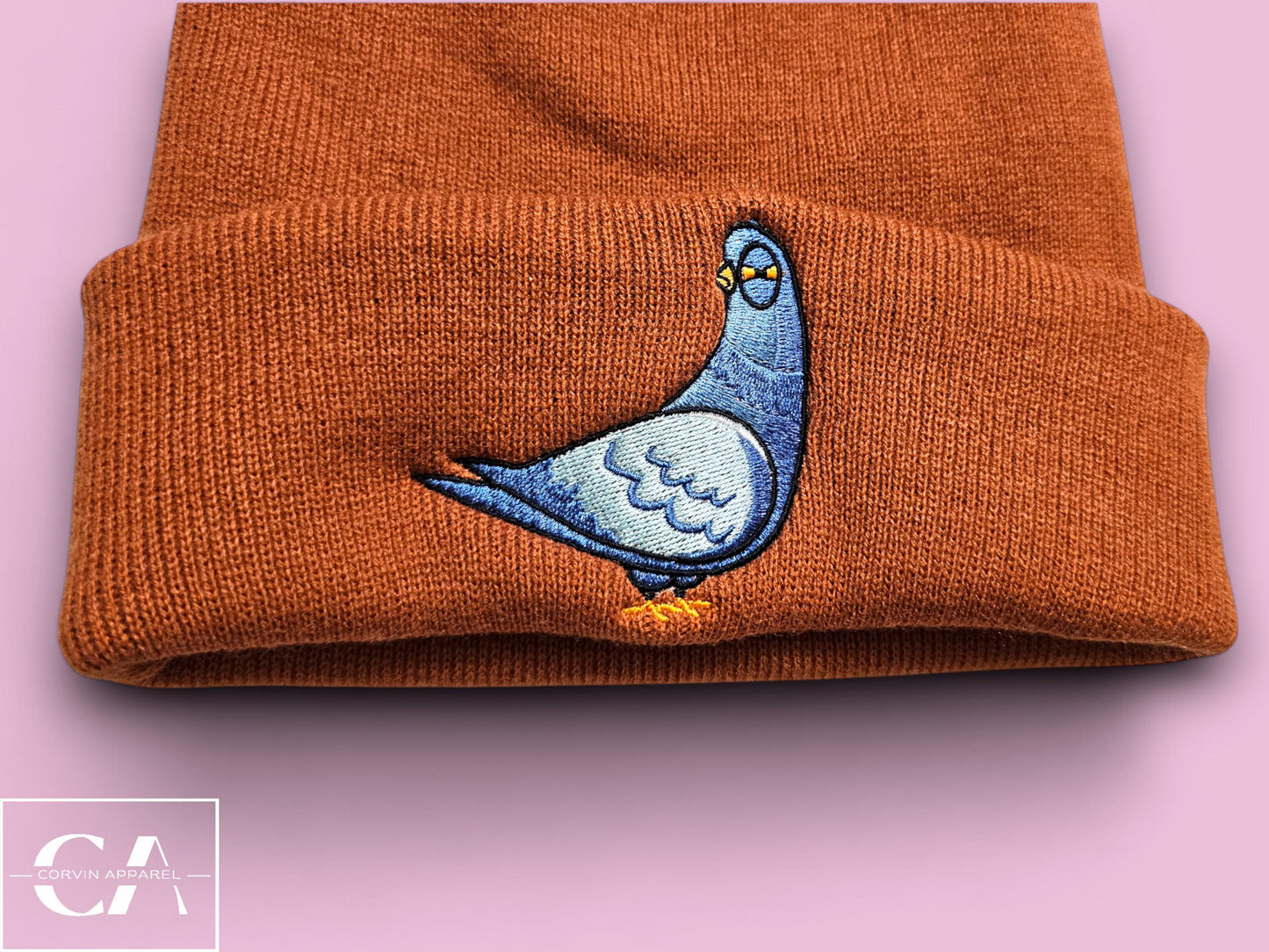 Embroidered Pigeon Beanie: Soft Acrylic Knit Hat