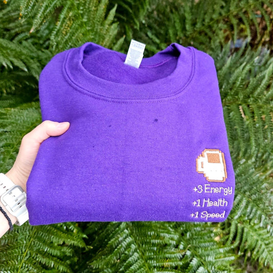 Coffee Embroidered Sweatshirt, Cozy Pixel Gamer Jumper, Stardew Valley Inspired Gift, Unisex Gaming Sweatshirt