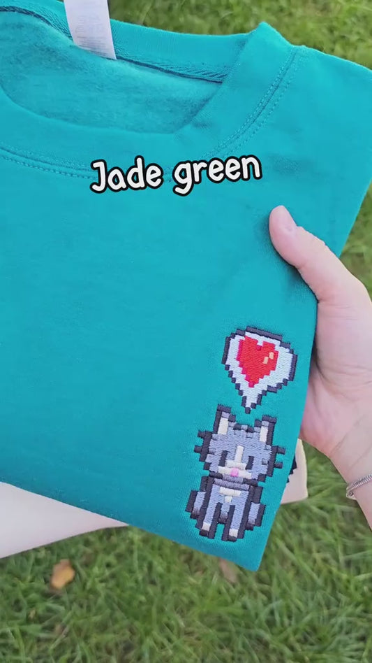 Cosy Farm Life Embroidered Cat Sweatshirt | Pixel Cat Jumper | Cottagecore Gaming Gift