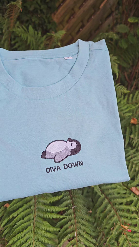 Diva Down Embroidered T-shirt | Funny Penguin Embroidered Tee |