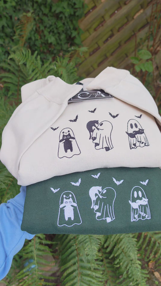 Cute Ghosts And Cats Embroidered Sweatshirt | Halloween Jumper