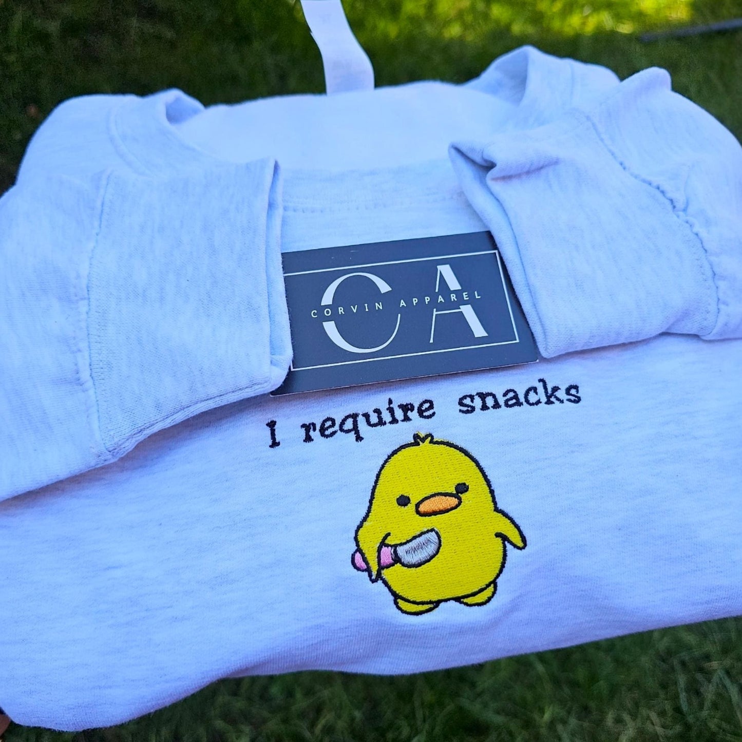 I Require Snacks Embroidered Sweatshirt | Funny Duck Sweatshirt