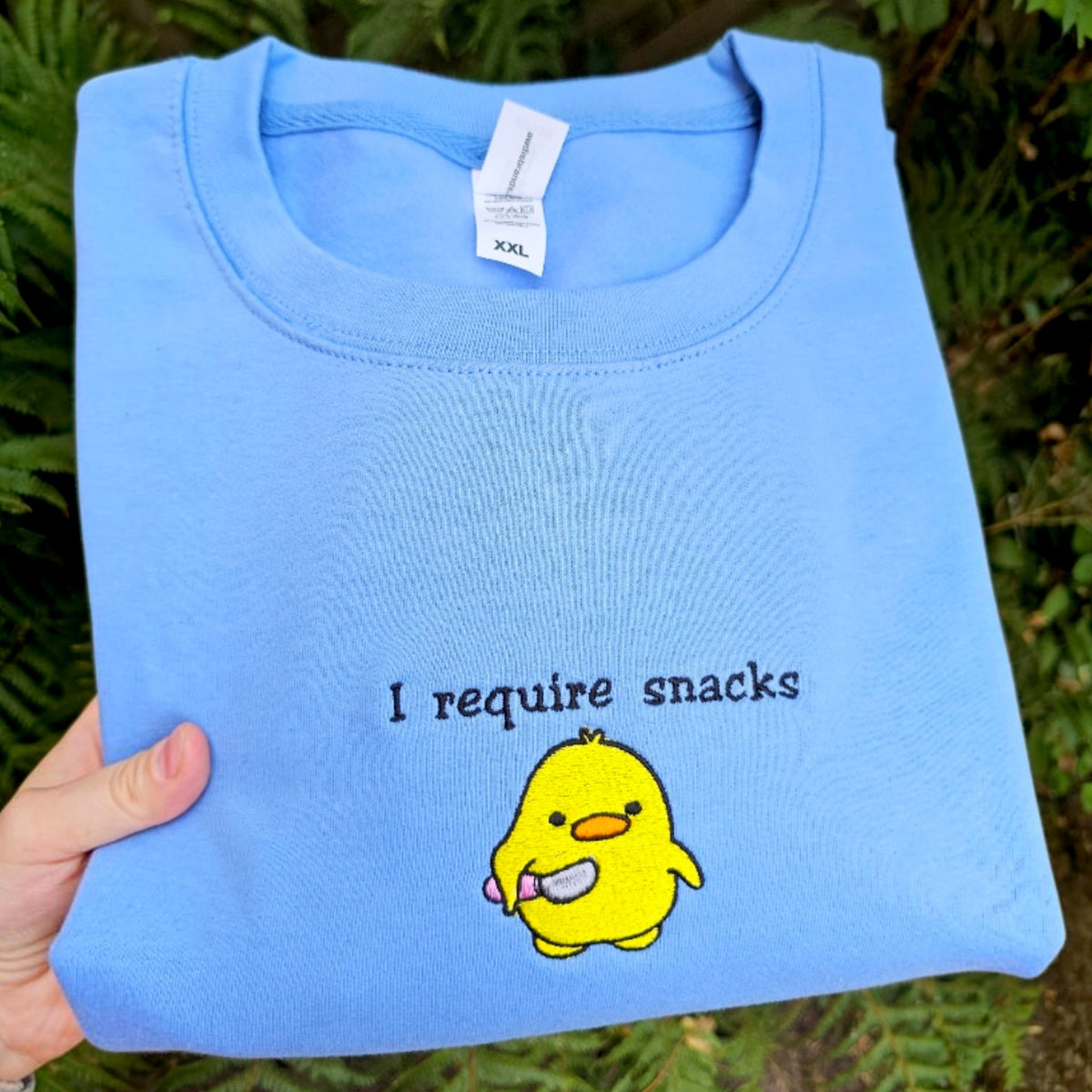 I Require Snacks Embroidered Sweatshirt | Funny Duck Sweatshirt