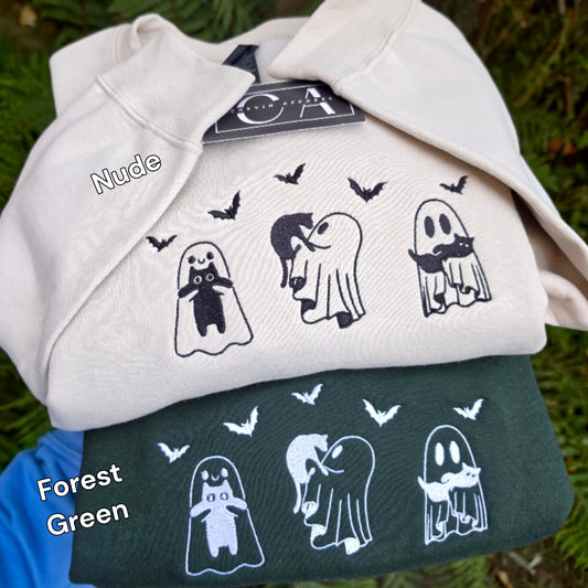 Cute Ghosts And Cats Embroidered Sweatshirt | Halloween Jumper