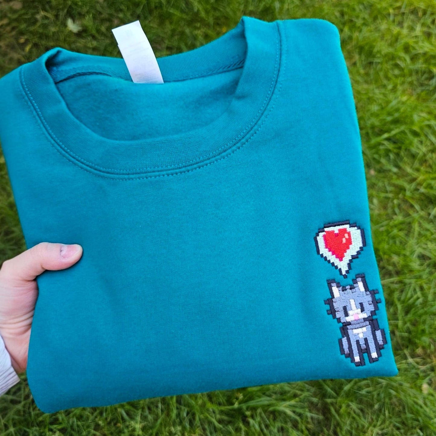 Cosy Farm Life Embroidered Cat Sweatshirt | Pixel Cat Jumper | Cottagecore Gaming Gift