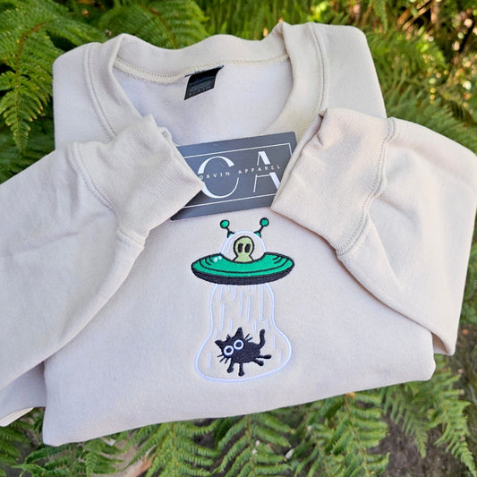 Cat Abduction Embroidered Sweatshirt | Alien Spaceship Cat Gift
