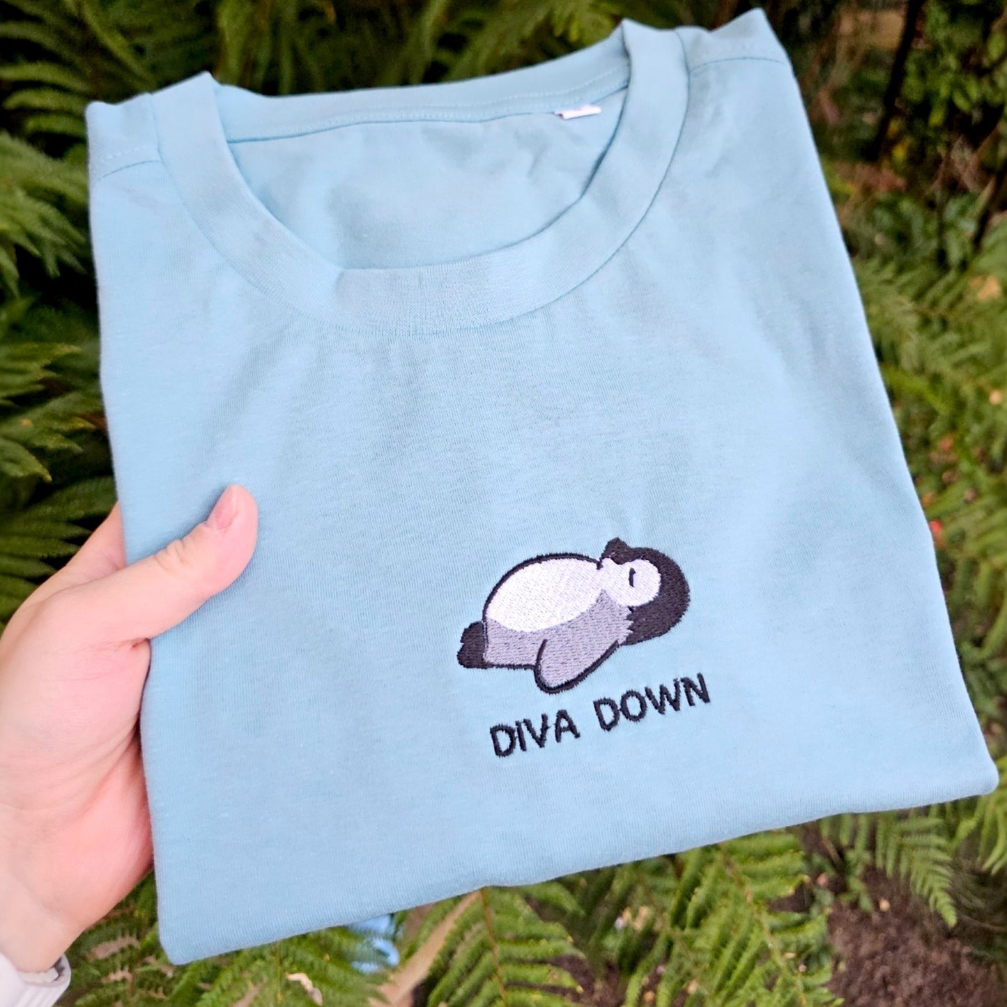Diva Down Embroidered T-shirt | Funny Penguin Embroidered Tee |