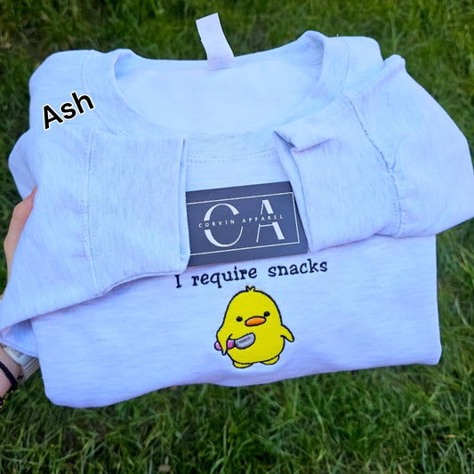 I Require Snacks Embroidered Sweatshirt | Funny Duck Sweatshirt