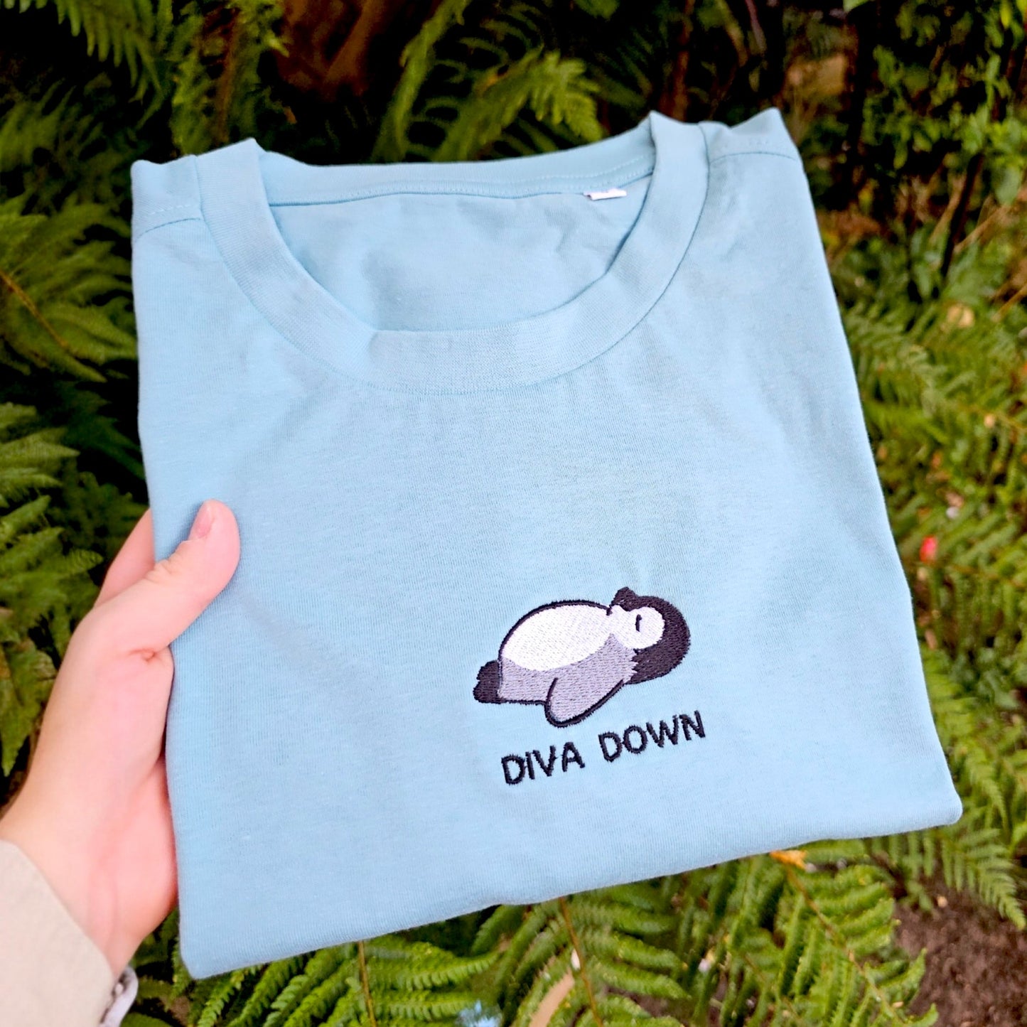 Diva Down Embroidered T-shirt | Funny Penguin Embroidered Tee |